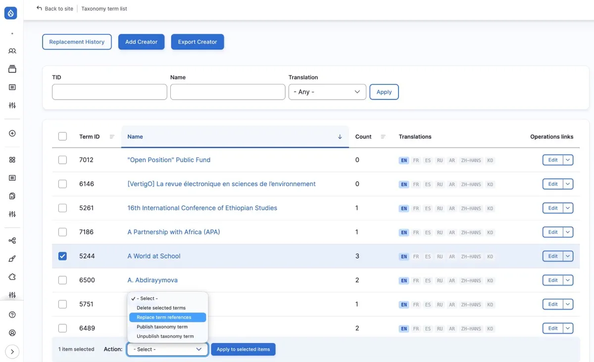 Action 드롭다운에서 Replace term references 선택