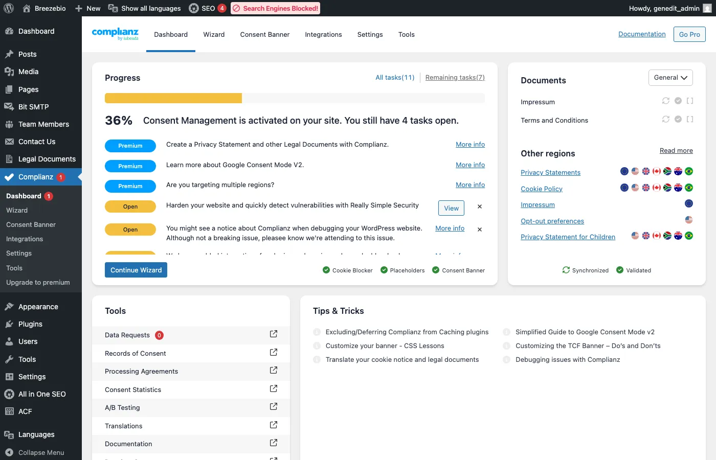 Complianz 대시보드